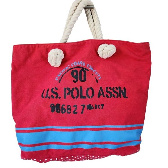 U.S. Polo Assn Cotton Red Logo Rope Handle Beach Shopper Weekend Travel Tote Bag - Picture 1 of 15